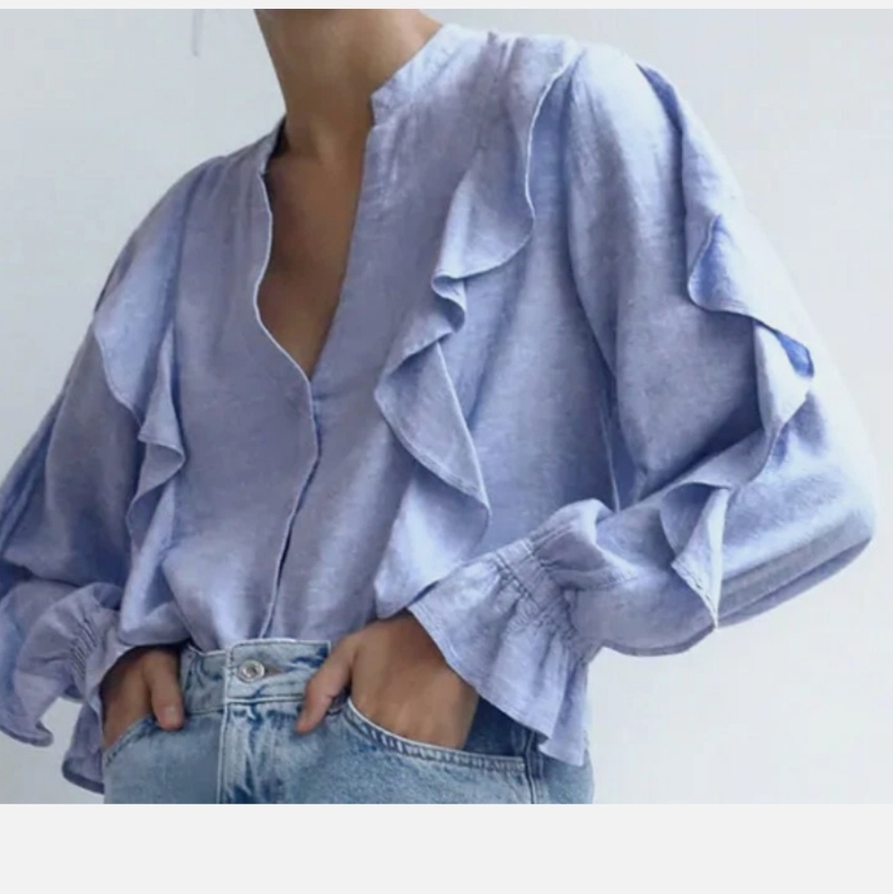 ZARA RUFFLED RUSTIC SHIRT LIGHT BLUE Size M